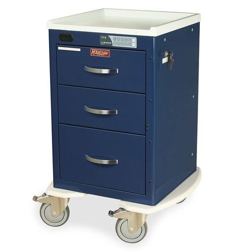 Harloff A-Series Lightweight Narrow Auto Locking Mini Width Cart, X-Short Height, Three Drawers, Electronic Keypad Lock with Proximity Reader