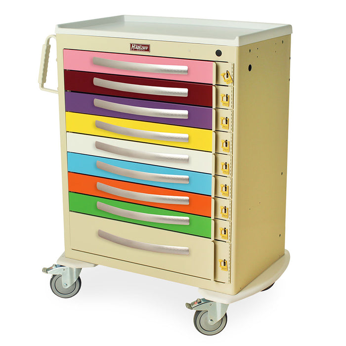 Harloff A-Series Lightweight Pediatric Cart, Tall Height, Standard Width, Nine Drawers, Breakaway Locks