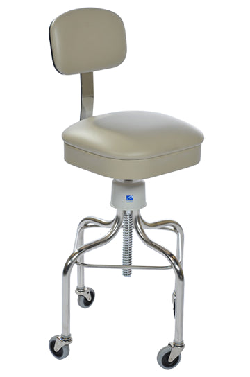 Pedigo Adjustable Stainless Steel Stool with Square Cushioned Seat, Backrest & Casters - Alternative Source Medical